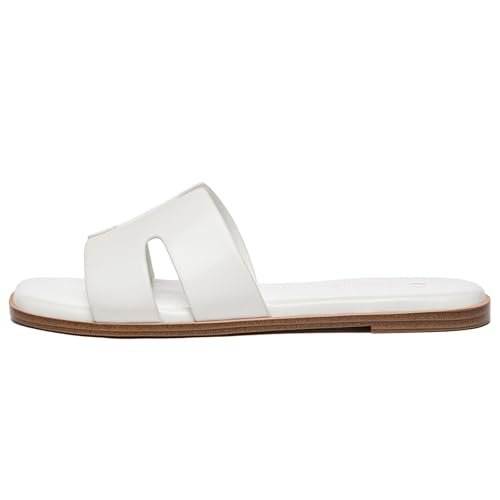 Rihero Women's Dressy Flat Sandals Comfortable Slip On Leather Slide White Sandals Size 8 - Image 2