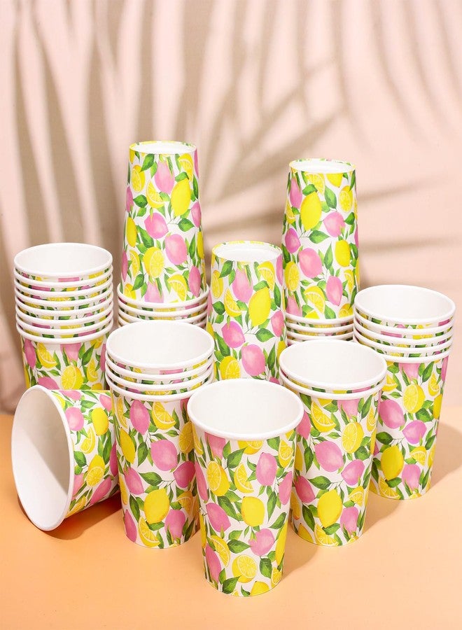 Whaline 50 Pcs Summer Lemon Paper Cups Watercolor Pink Yellow Lemon Disposable Cups for Hot Cold Drinks Birthday Holiday Fruit Party Table Supplies, 9 Oz - Image 1