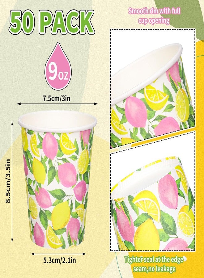 Whaline 50 Pcs Summer Lemon Paper Cups Watercolor Pink Yellow Lemon Disposable Cups for Hot Cold Drinks Birthday Holiday Fruit Party Table Supplies, 9 Oz - Image 2