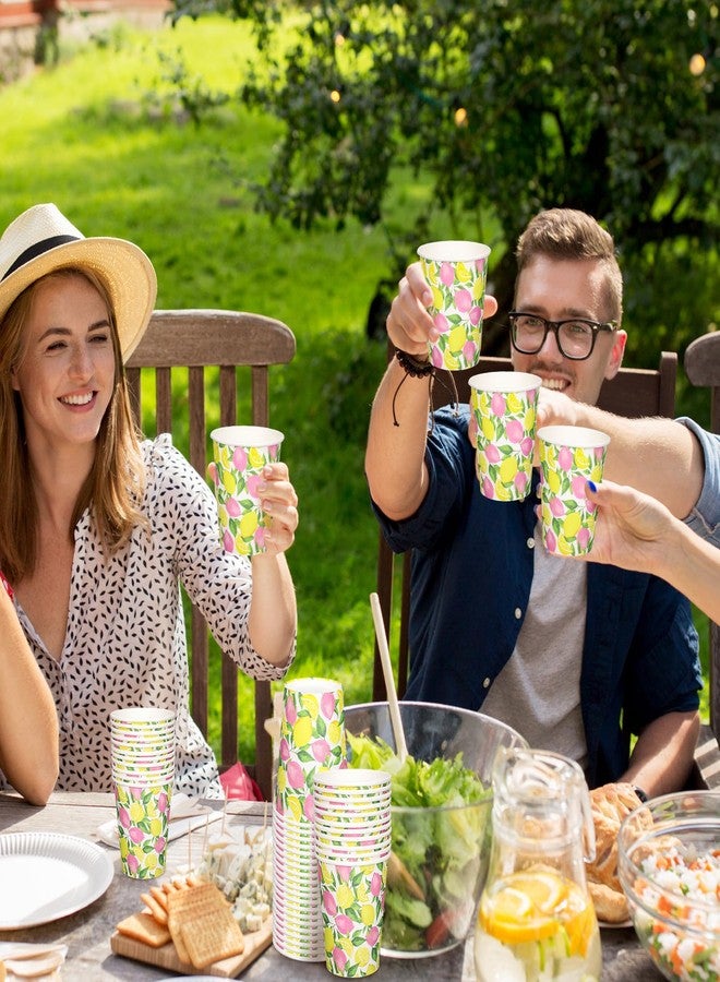 Whaline 50 Pcs Summer Lemon Paper Cups Watercolor Pink Yellow Lemon Disposable Cups for Hot Cold Drinks Birthday Holiday Fruit Party Table Supplies, 9 Oz - Image 5