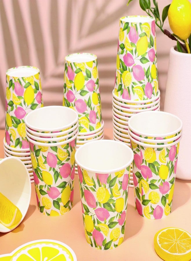 Whaline 50 Pcs Summer Lemon Paper Cups Watercolor Pink Yellow Lemon Disposable Cups for Hot Cold Drinks Birthday Holiday Fruit Party Table Supplies, 9 Oz - Image 3