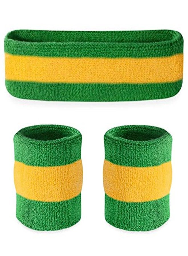 Suddora Striped Sweatband Set, Moisture Wicking 2 Wristbands and 1 Headband, Breathable Athletic Sweat Bands for Sports, Costumes & Cosplay, Matching Bands to Wear with Jersey, Green Yellow Green - Image 1