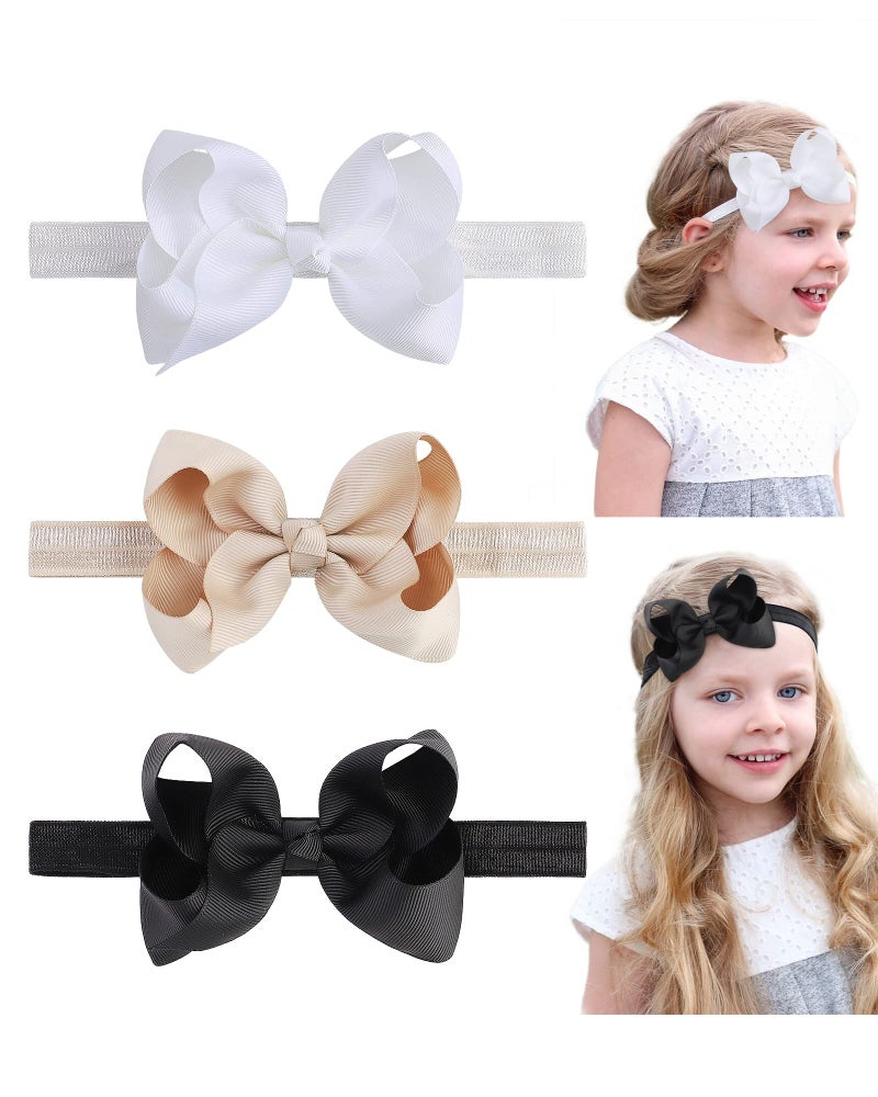 jollybows 3 PCS HAIRBAND 4' Baby Girls Headbands Boutique Grosgrain Ribbon Hair Bows for Infants, Toddlers, Kids - Black White Khaki - Image 1