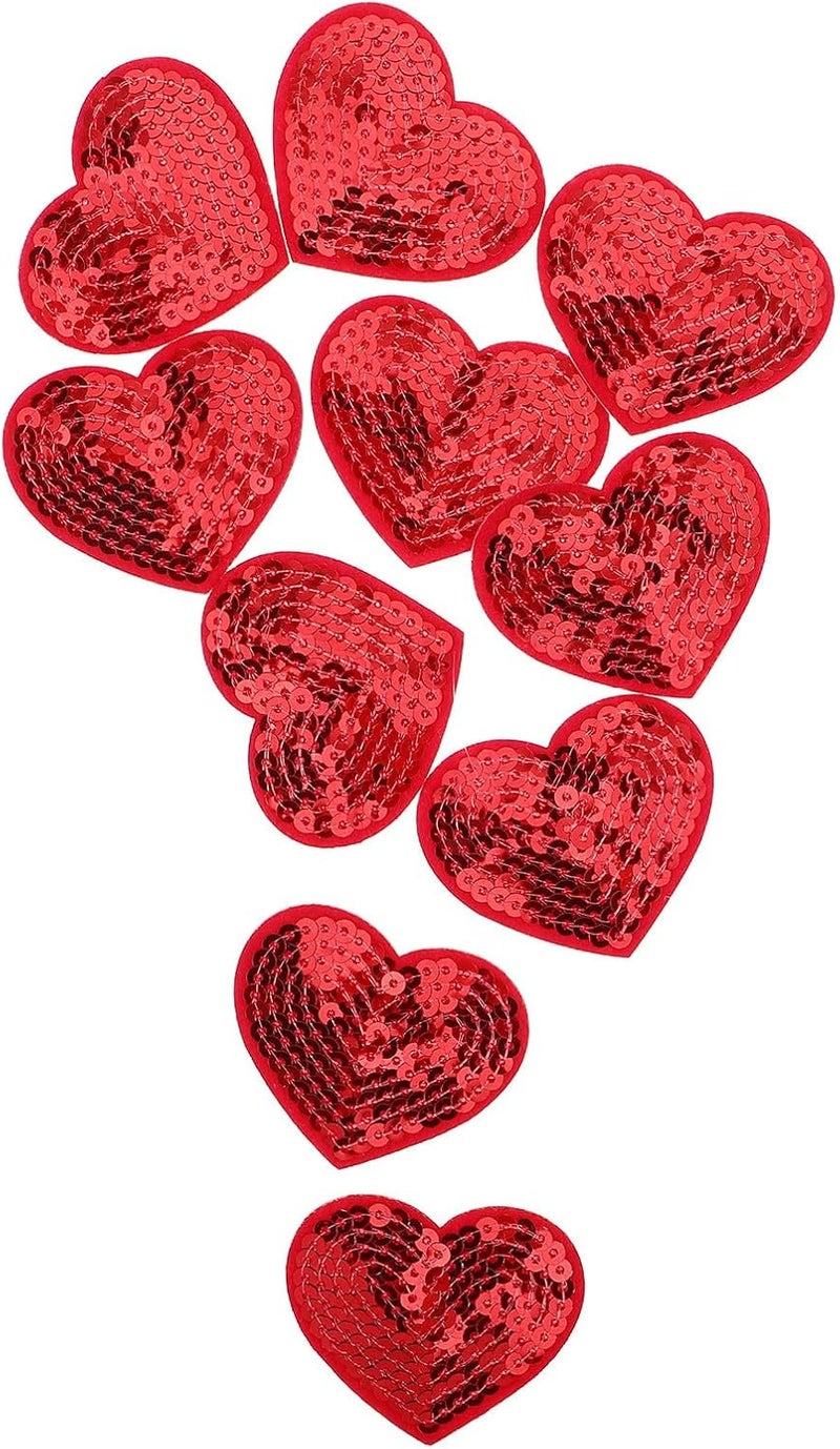 Lurrose 10 Pcs Red Heart Sequin Fabric Applique Patches Self-Adhesive Small Glitter Stickers for Clothing Bags Hats DIY Craft Embellishments - Image 1
