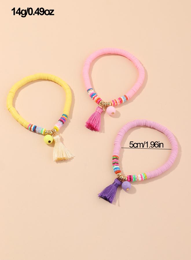Take Two Pack of 3 - Girls Multi-Color Flat Beads Bracelets with Tassels - Image 4