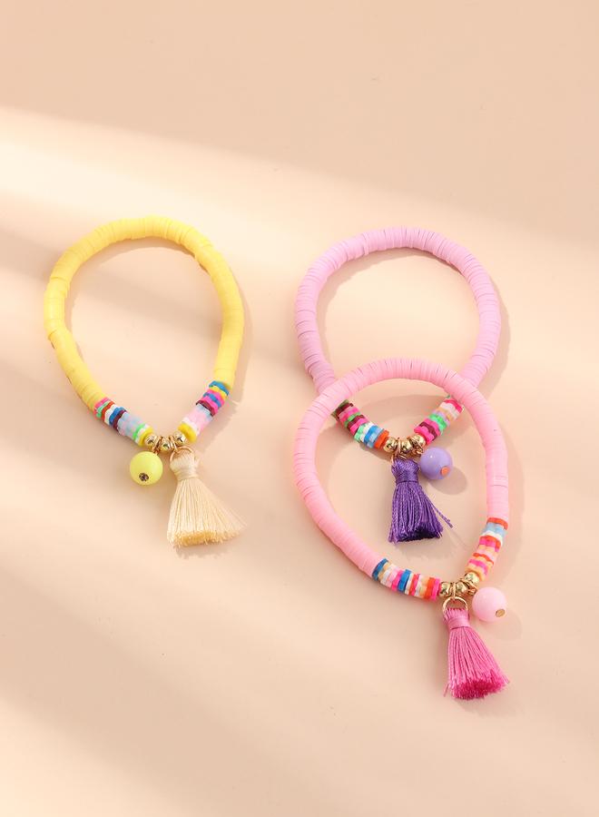 Take Two Pack of 3 - Girls Multi-Color Flat Beads Bracelets with Tassels - Image 2