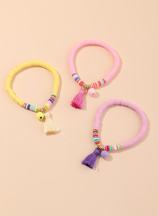 Take Two Pack of 3 - Girls Multi-Color Flat Beads Bracelets with Tassels - Image 1