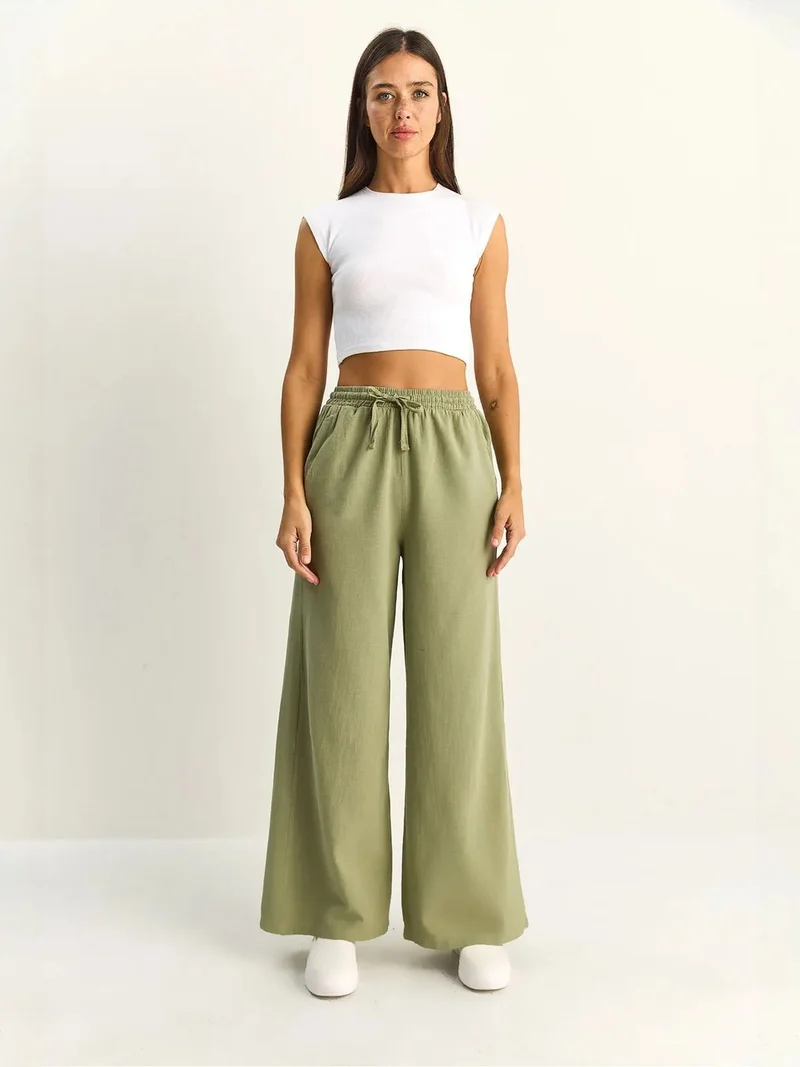 بيانكو لوتشي LUCCI Wide Leg Cotton Trousers with Drawstring Waist