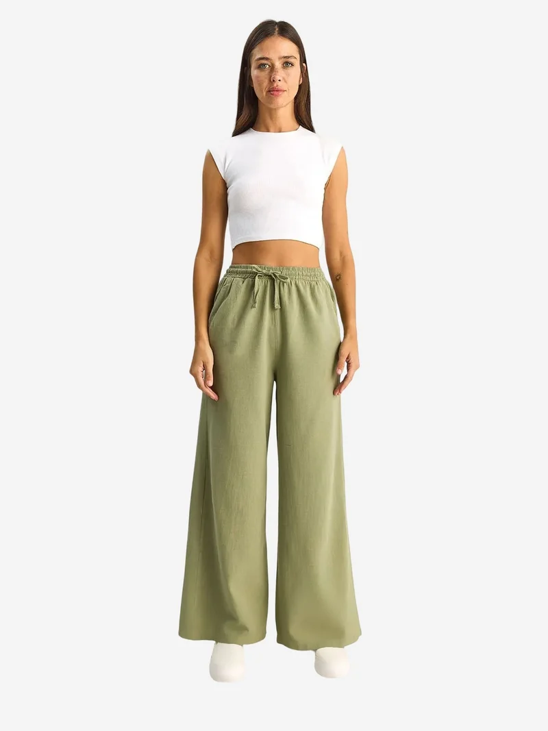 بيانكو لوتشي LUCCI Wide Leg Cotton Trousers with Drawstring Waist