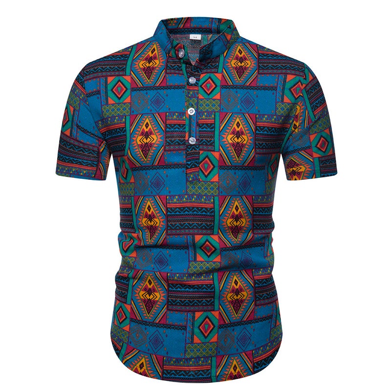 2019 Men's Cotton and Linen Vertical Collar Short-sleeved T-shirt Men's Floral Half-sleeved T-shirt for Men - Image 1