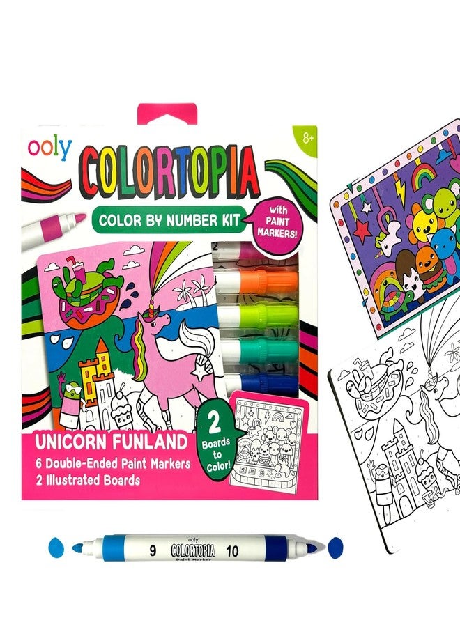 Ooly Colortopia Color by Number Paint Marker Kit - 2 Illustrated Boards, 6 Double-Ended Water-Based Paint Markers, 2 Removable Display Stands, Non-Toxic Art Kit for Kids & Teens - Unicorn Funland - Image 1