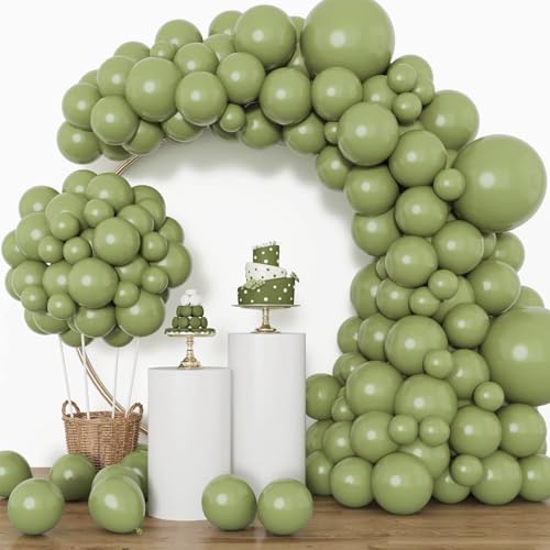 RUBFAC Sage Green Balloons 129pcs Different Sizes 18 12 10 5 Inch, Olive Green Latex Balloon Garland Arch Kit for Birthday Party Graduation Baby Shower Wedding Safari Jungle Balloon Decoration - Image 1