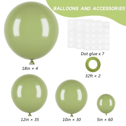 RUBFAC Sage Green Balloons 129pcs Different Sizes 18 12 10 5 Inch, Olive Green Latex Balloon Garland Arch Kit for Birthday Party Graduation Baby Shower Wedding Safari Jungle Balloon Decoration - Image 2