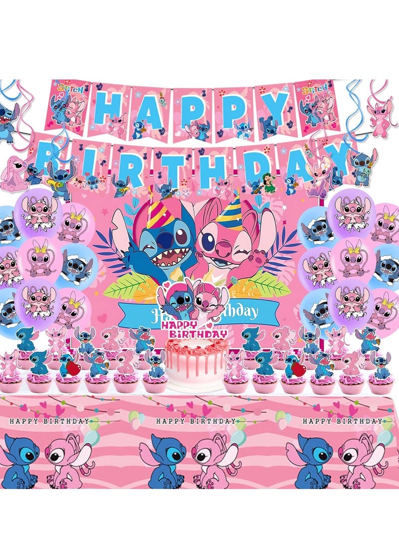 49 Pcs Stitch Party Supplies, Birthday Decorations Set Include Banner, Balloons,  Hanging Swirls, Cake Cupcake Toppers, Tablecloth for Girls Boys Stitch Theme Party  - Image 1