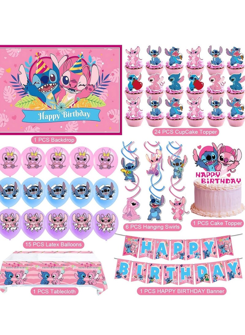 49 Pcs Stitch Party Supplies, Birthday Decorations Set Include Banner, Balloons,  Hanging Swirls, Cake Cupcake Toppers, Tablecloth for Girls Boys Stitch Theme Party  - Image 2