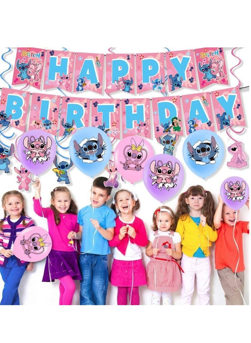 49 Pcs Stitch Party Supplies, Birthday Decorations Set Include Banner, Balloons,  Hanging Swirls, Cake Cupcake Toppers, Tablecloth for Girls Boys Stitch Theme Party  - Image 4