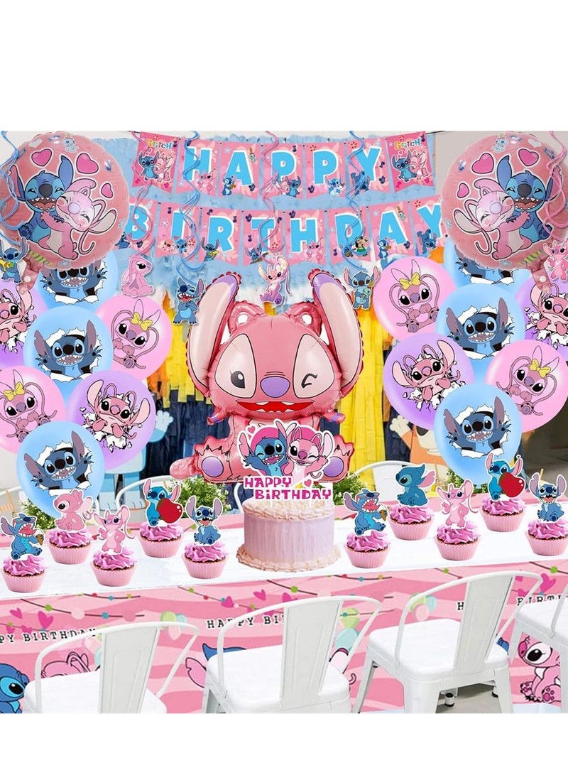 49 Pcs Stitch Party Supplies, Birthday Decorations Set Include Banner, Balloons,  Hanging Swirls, Cake Cupcake Toppers, Tablecloth for Girls Boys Stitch Theme Party  - Image 5