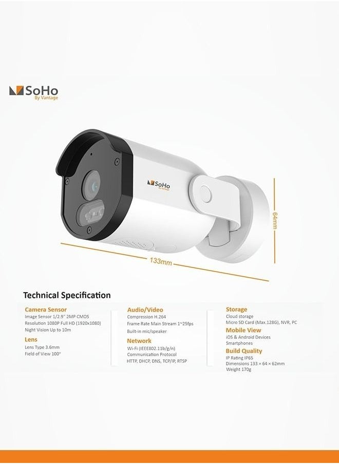 SoHo by Vantage - SoHo by Vantage HD 1080P WI-Fi IOT based Outdoor Fixed Security Camera With 2 Way Audio, Color Night Vision, IP65 Weather Proof and Cloud Storage - Image 1