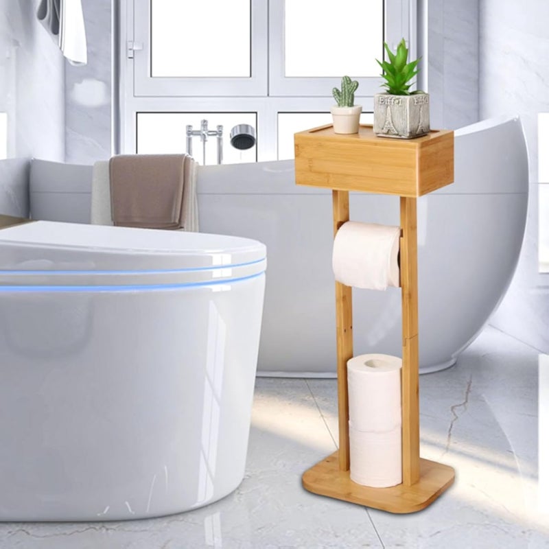 Toilet Paper Holder, Bamboo Toilet Paper Holder with Box for Wet Towels, Toilet Paper Holder Bathroom Floor Standing Toilet Roll Holder Ideal for Bathroom and Toilet