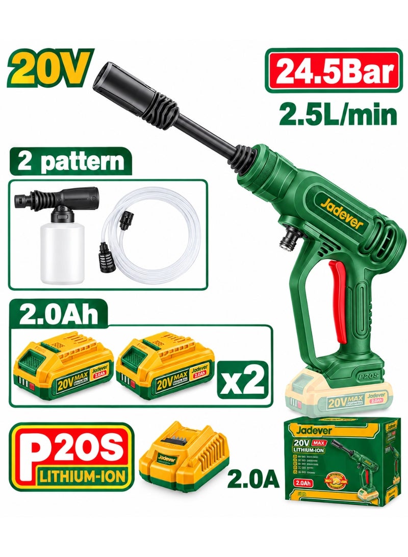 JADEVER 20V Cordless Pressure Washer, 24.5 Bar High Pressure Cleaner, 2.5L/min, 2.0Ah Batteries x2, Fast Charger & Foam Bottle, Portable Water Spray Gun for Car, Garden & Home - Image 2
