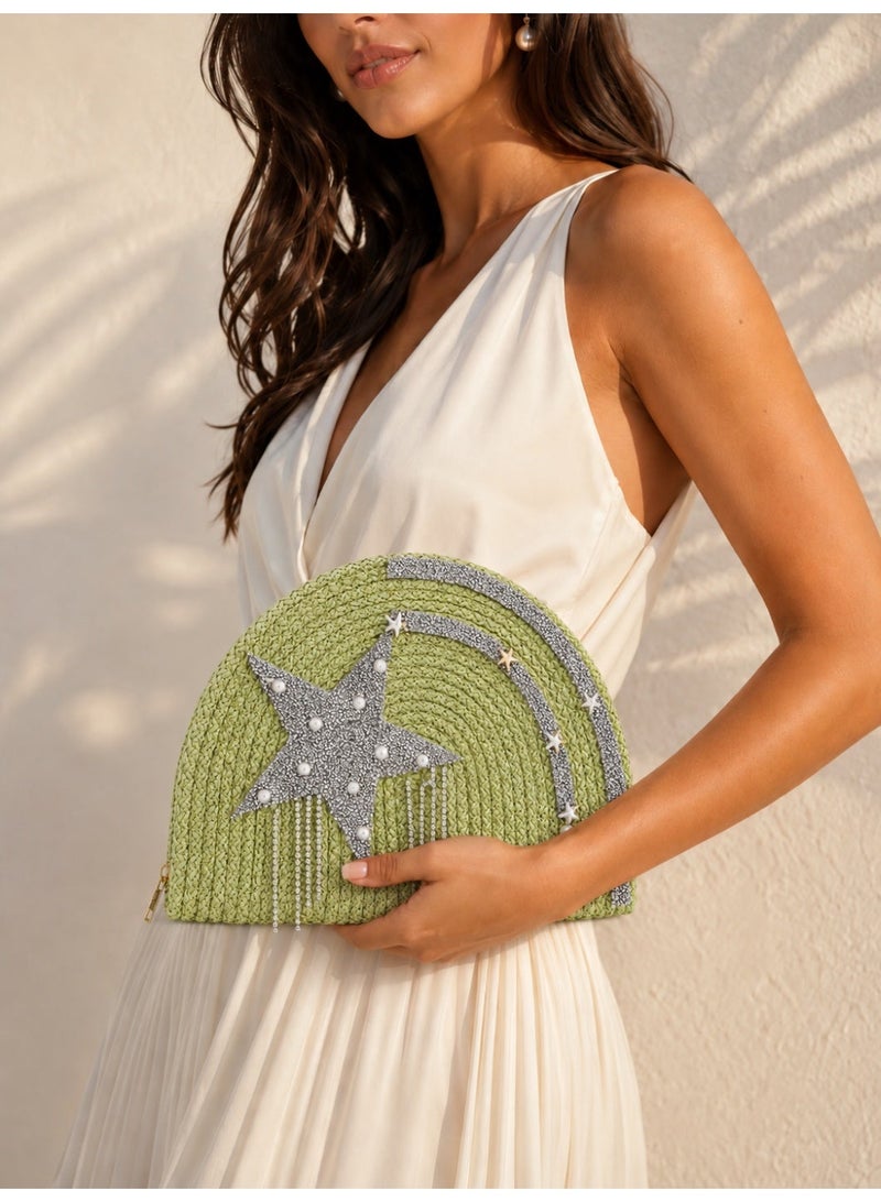 LIFESTYLISH Handbags raffia With a sparkling star and pearl details ZK-1 - Pistachio Green - Image 1