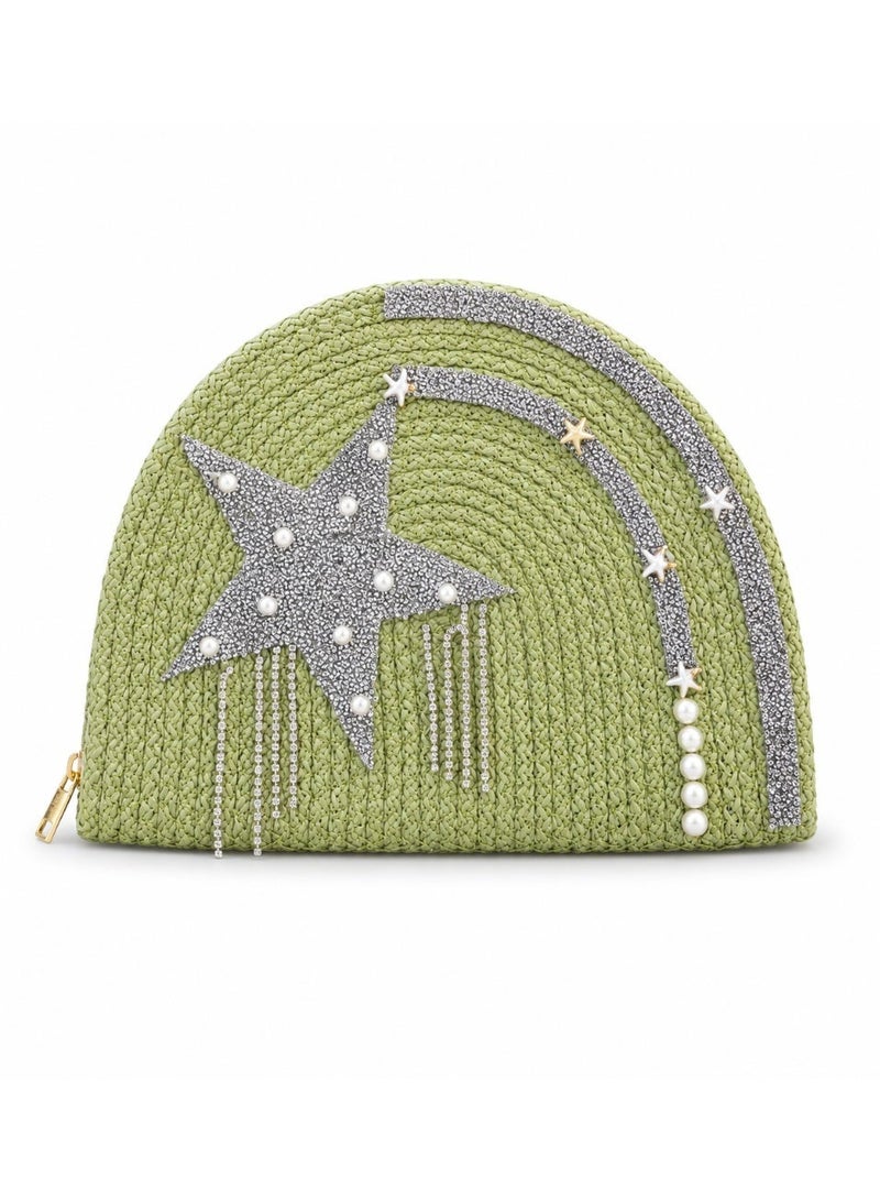LIFESTYLISH Handbags raffia With a sparkling star and pearl details ZK-1 - Pistachio Green - Image 3