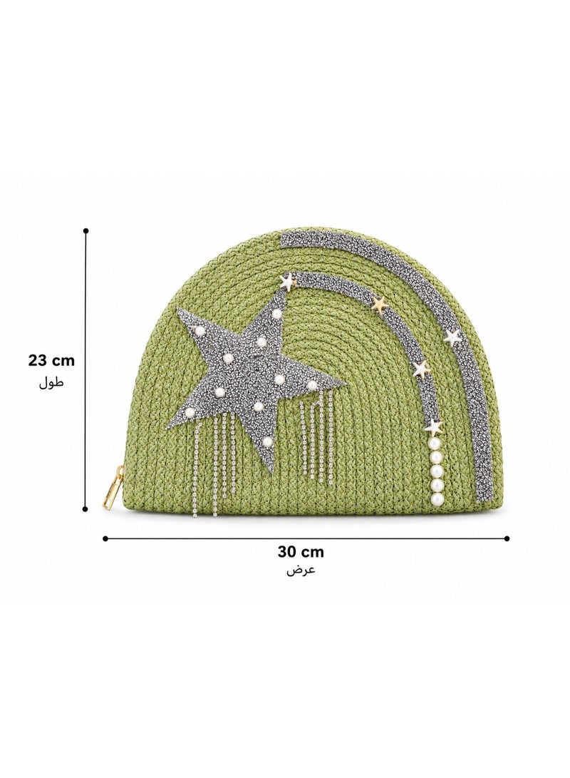 LIFESTYLISH Women's Woven Raffia Clutch Bag with Sparkling Star & Pearl Detail - Pistachio Green ZK-1 - Image 1