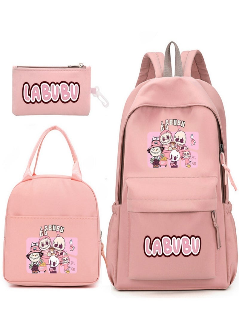 Labubu Children Backpack Schoolbag Teen Student School Book bag with Lunch Box Pen Case 3 in 1 for Kids