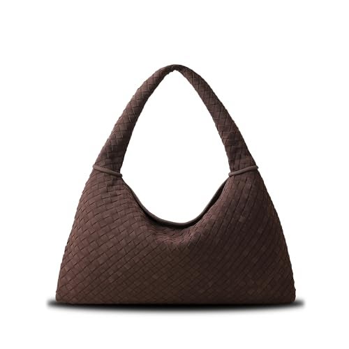 YLYYHH Vegan Leather Woven Tote Bag, Vintage Suede Hobo Bag, Suede Woven Purse, Large Leather Shoulder Bag Braided Handbag (Dark Brown) - Image 1