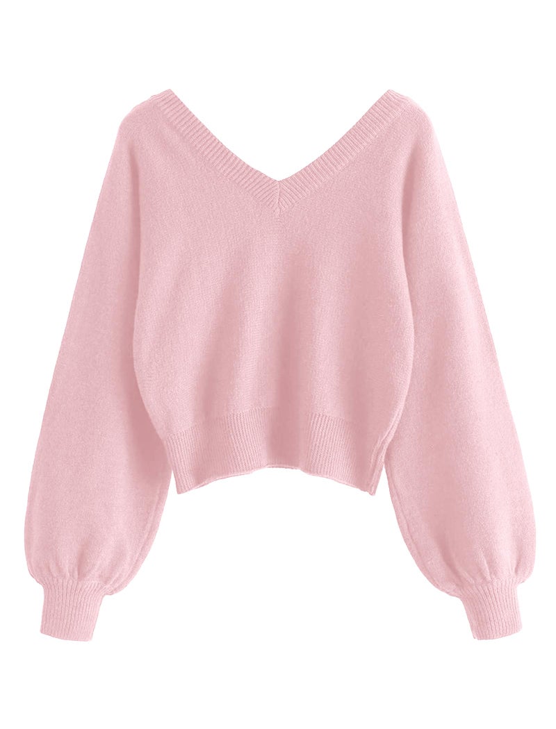 ZAFUL Women's Cropped Sweater V-Neck Long Sleeve Crop Sweater Pullover Jumper Knit Top (1-Pink, L) - Image 3