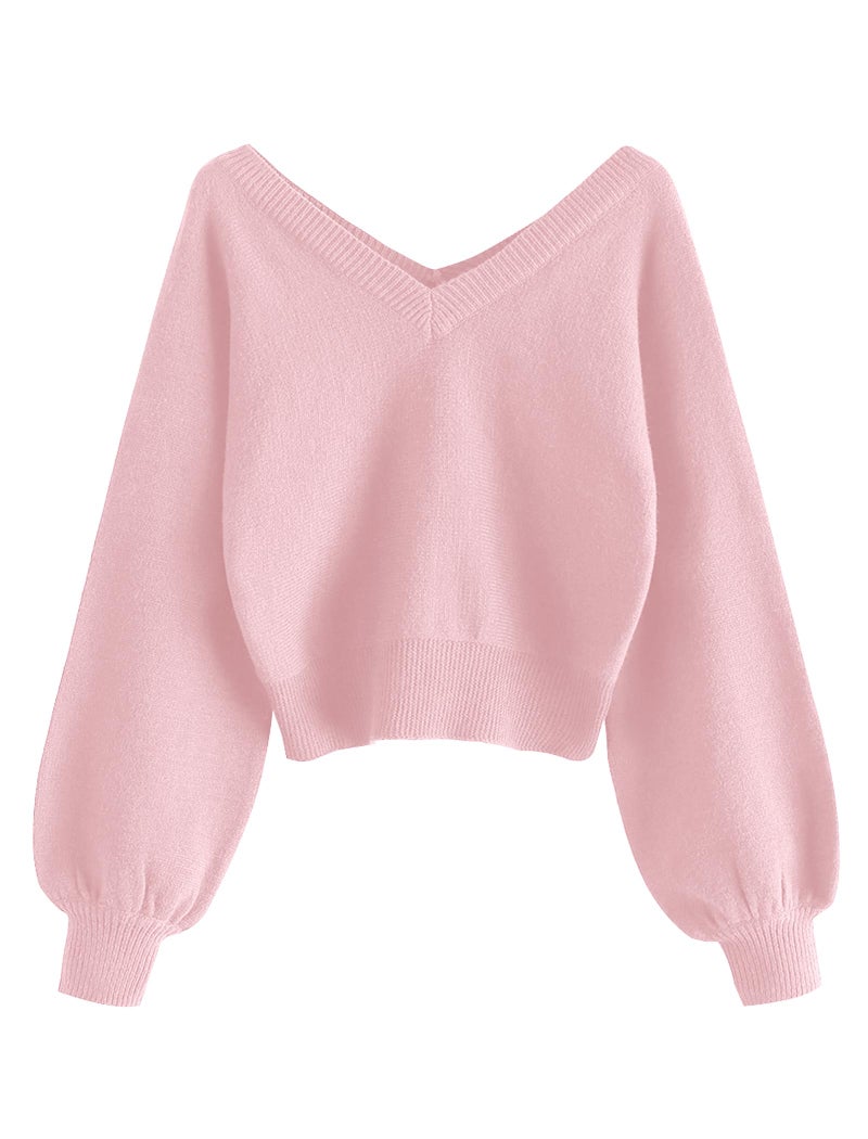 ZAFUL Women's Cropped Sweater V-Neck Long Sleeve Crop Sweater Pullover Jumper Knit Top (1-Pink, L) - Image 1