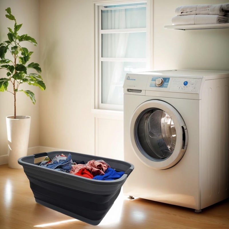 SAMMART 41L (10.8 gallon) Collapsible Plastic Laundry Basket - Foldable Pop Up Storage Container/Organizer - Portable Washing Tub - Space Saving Hamper/Basket, (Rectangular, Grey/Black) - Image 2