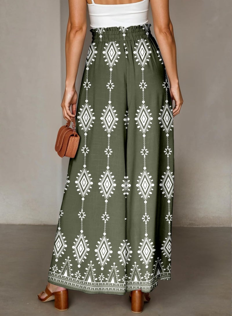 Dokotoo Casual Pants for Women 2026 Summer Fashion Beach Clothes Loose High Waist Elastic Geometric Printed Lounge Pants Soft Lightweight Drawstring Boho Trousers with Pockets Resort Wear Green Small - Image 4