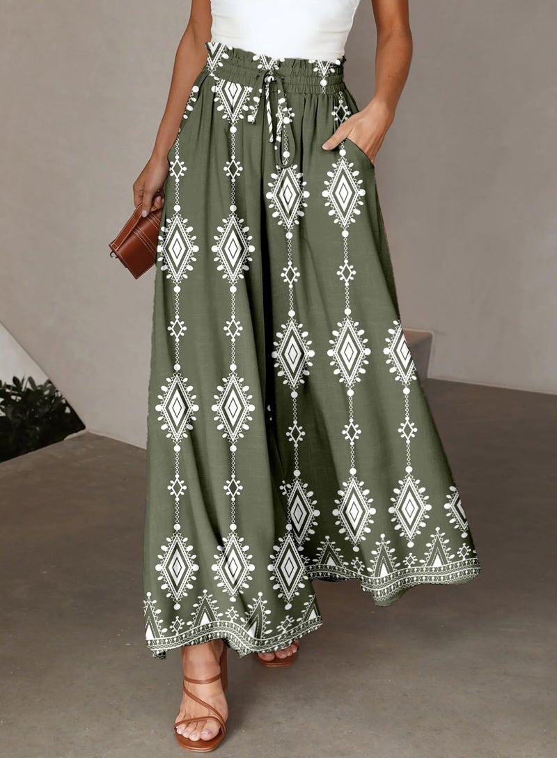 Dokotoo Casual Pants for Women 2026 Summer Fashion Beach Clothes Loose High Waist Elastic Geometric Printed Lounge Pants Soft Lightweight Drawstring Boho Trousers with Pockets Resort Wear Green Small - Image 2