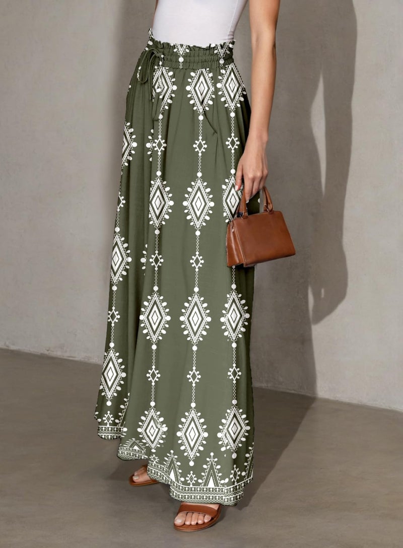 Dokotoo Casual Pants for Women 2026 Summer Fashion Beach Clothes Loose High Waist Elastic Geometric Printed Lounge Pants Soft Lightweight Drawstring Boho Trousers with Pockets Resort Wear Green Small - Image 3