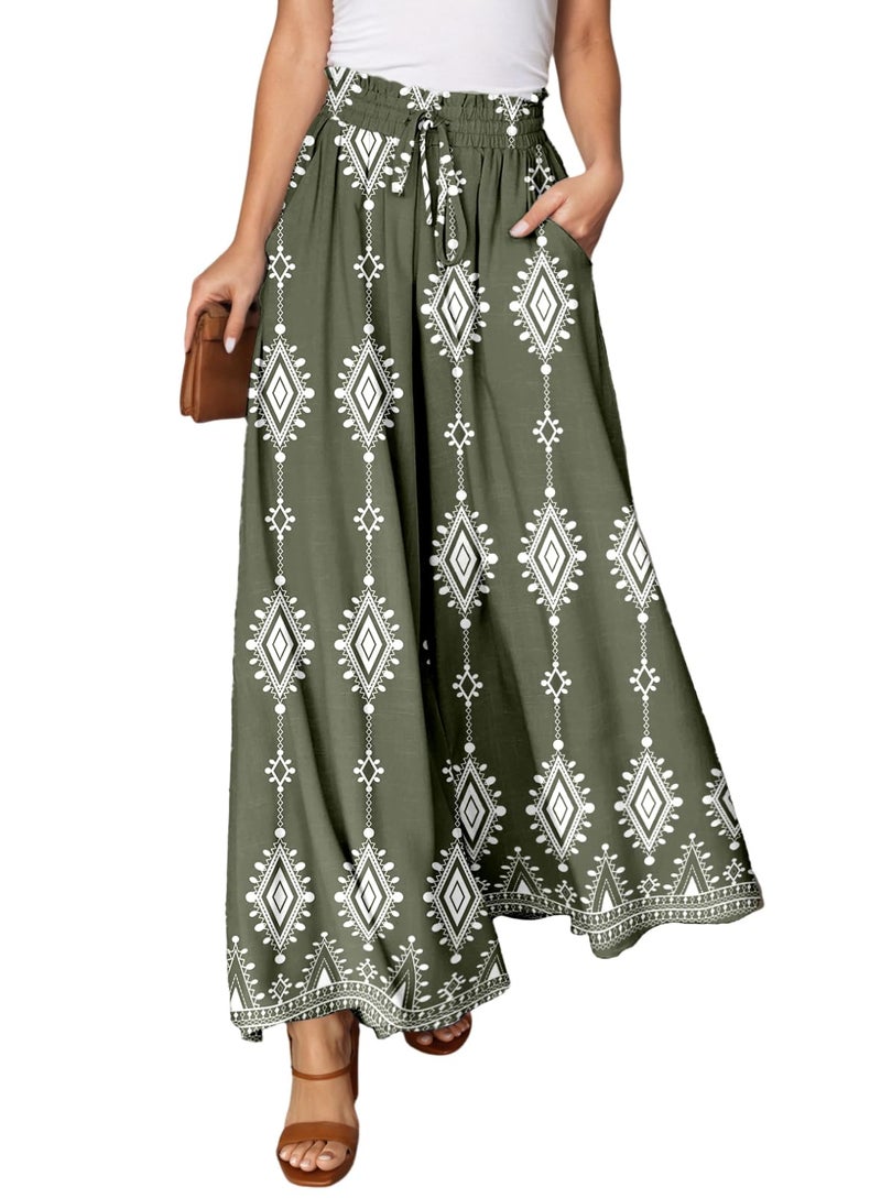 Dokotoo Casual Pants for Women 2026 Summer Fashion Beach Clothes Loose High Waist Elastic Geometric Printed Lounge Pants Soft Lightweight Drawstring Boho Trousers with Pockets Resort Wear Green Small - Image 1