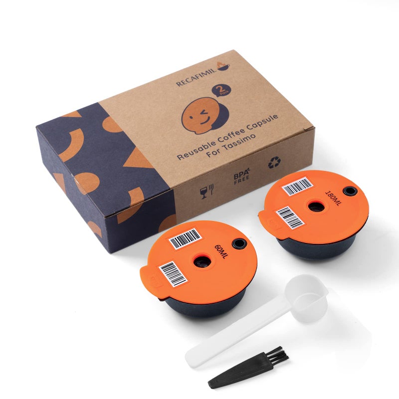 RECAFIMIL 2 Pcs Reusable Coffee Capsule for Bosch Tassimo Machine Refillable Coffee Pods with Silicone Lid 60180ml Tassimo Reusable Pods