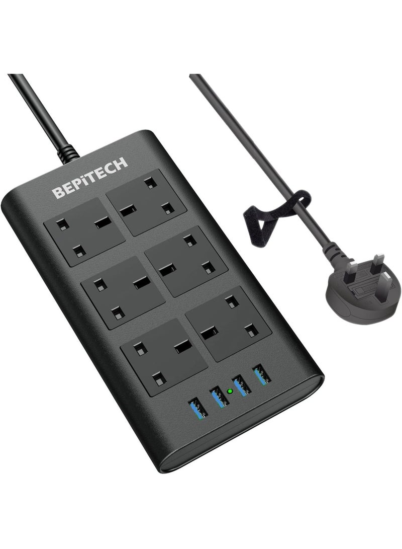BEPiTECH 10-In-1 Extension Cord 6 UK-UAE Multi-Plug with 4 USB Ports Charging Station, Surge Protected Power Strip, Flat Design 2-Meter Lead for phone/Tablet/Laptops/Travel/Office/Home - Image 1