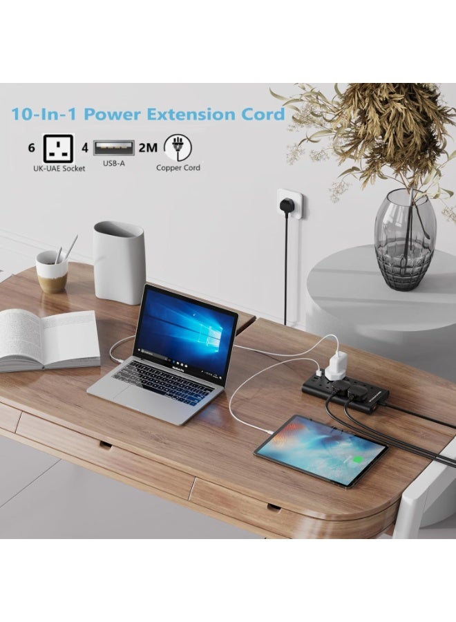 BEPiTECH 10-In-1 Extension Cord 6 UK-UAE Multi-Plug with 4 USB Ports Charging Station, Surge Protected Power Strip, Flat Design 2-Meter Lead for phone/Tablet/Laptops/Travel/Office/Home - Image 5