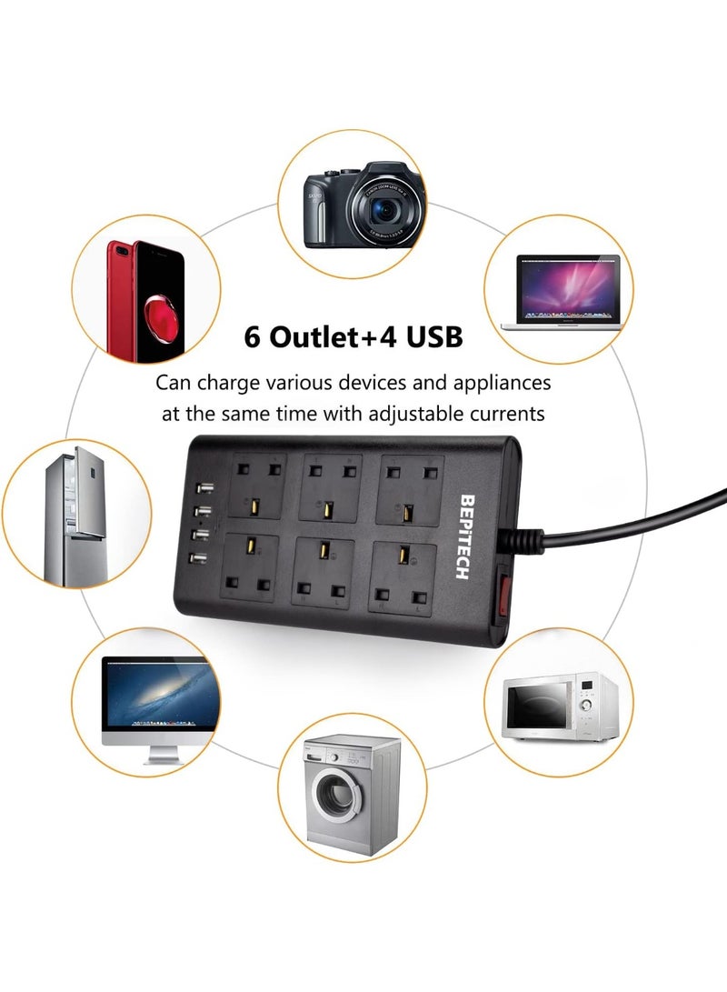 BEPiTECH 10-In-1 Extension Cord 6 UK-UAE Multi-Plug with 4 USB Ports Charging Station, Surge Protected Power Strip, Flat Design 2-Meter Lead for phone/Tablet/Laptops/Travel/Office/Home - Image 2