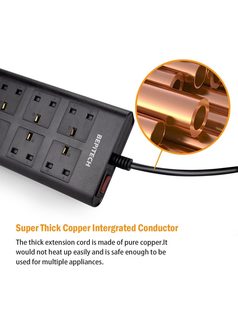 BEPiTECH 10-In-1 Extension Cord 6 UK-UAE Multi-Plug with 4 USB Ports Charging Station, Surge Protected Power Strip, Flat Design 2-Meter Lead for phone/Tablet/Laptops/Travel/Office/Home - Image 3