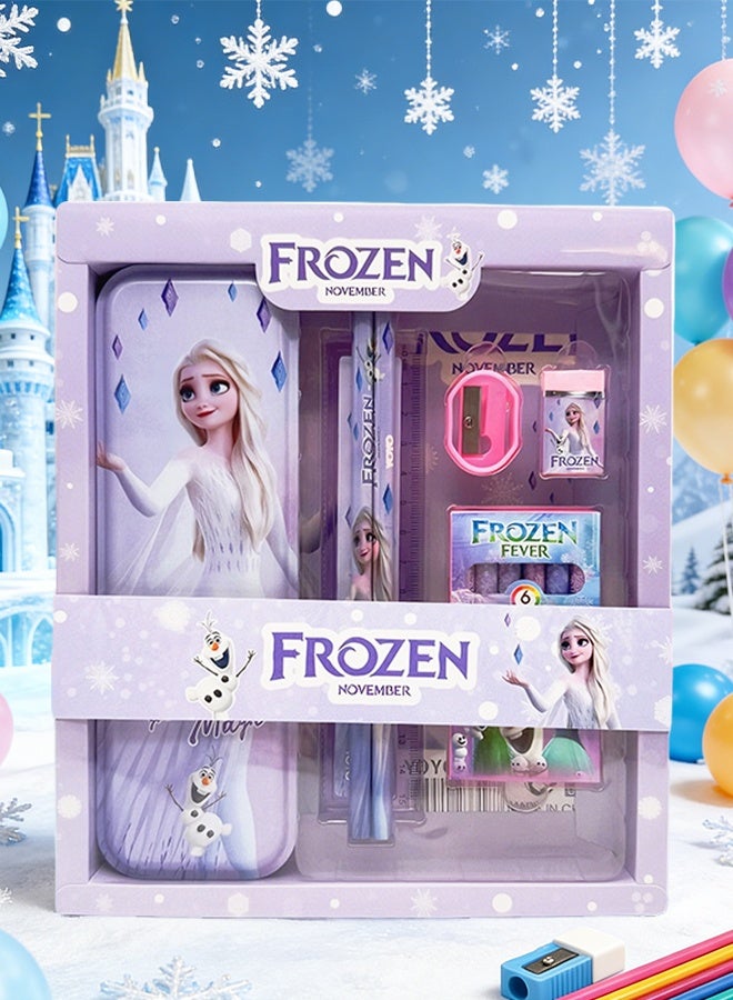 Frozen Elsa Frozen-Themed School Stationery Set for Kids, Gift-Ready Learning Box with Complete Back to School Supplies: Pencil Box, Eraser, Sharpener, Ruler & Crayons - Image 1