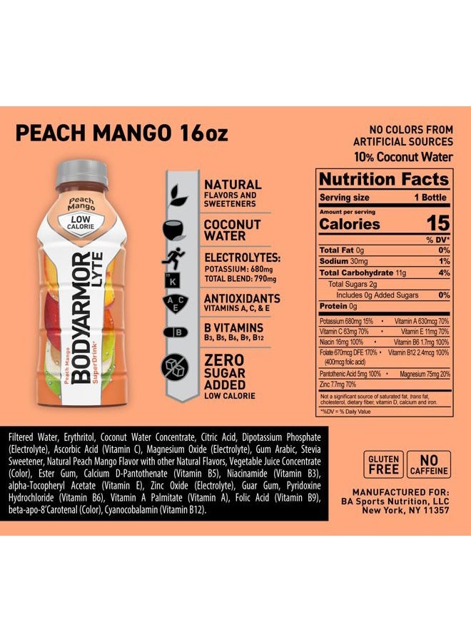 BODYARMOR مشروب رياضي LYTE منخفض السعرات الحرارية، خوخ مانجو، ماء جوز الهند للترطيب، نكهات طبيعية مع فيتامينات، إلكتروليتات غنية بالبوتاسيوم، مثالي للرياضيين، 16 أونصة سائلة (عبوة من 12) - Image 2