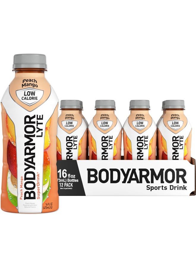 BODYARMOR مشروب رياضي LYTE منخفض السعرات الحرارية، خوخ مانجو، ماء جوز الهند للترطيب، نكهات طبيعية مع فيتامينات، إلكتروليتات غنية بالبوتاسيوم، مثالي للرياضيين، 16 أونصة سائلة (عبوة من 12) - Image 1