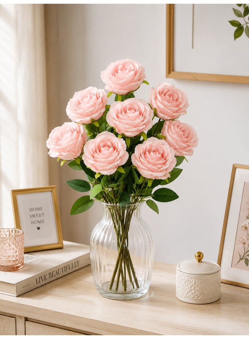 Artificial Flowers Velvet Rose Bouquet, 9 Heads, Light Pink, 40Cm, For Vase Decoration, Table Centerpiece And Home Decor - Image 1