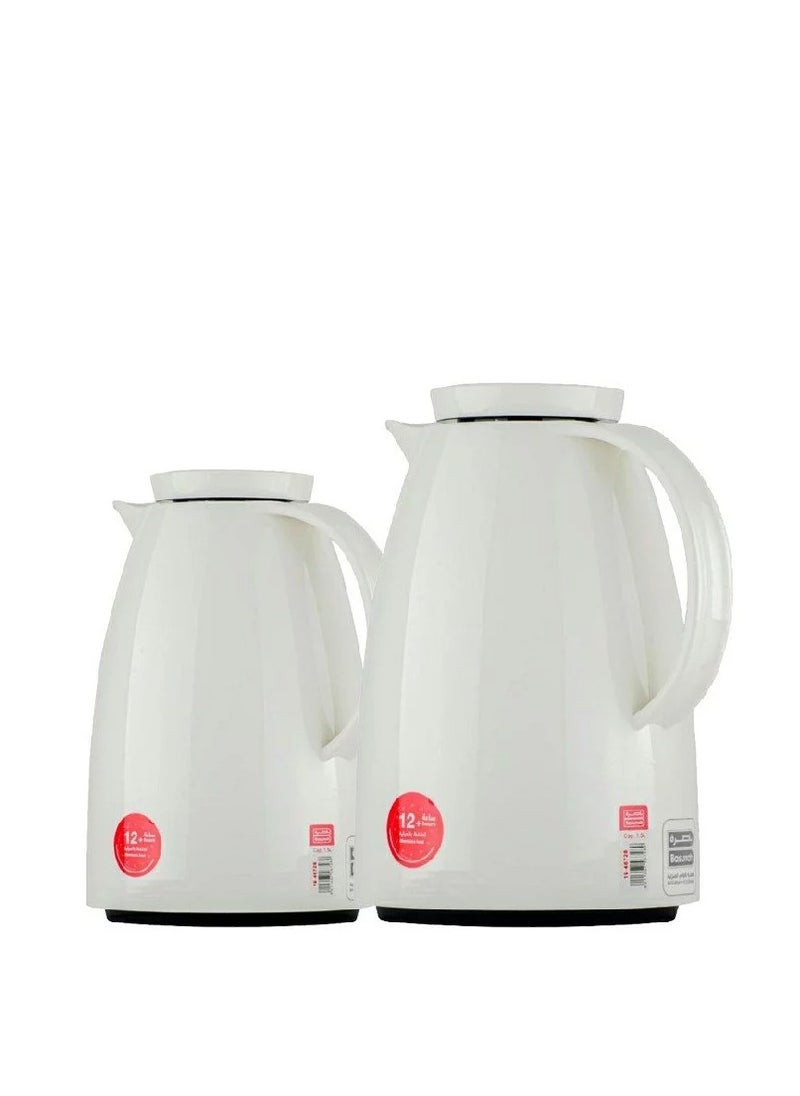BASURRAH Basra Tea and Coffee Thermos Set, White, Glossy, 2 Pieces, 0.5 - 1 Liter 