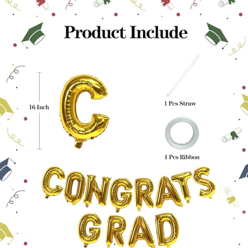 KALOR 16 Inch Gold Congrats Grad Banner Balloons Gold Congrats Grad Letters Sign Graduation Decorations 2026 for Graduation Party Decorations 2026 - Image 5
