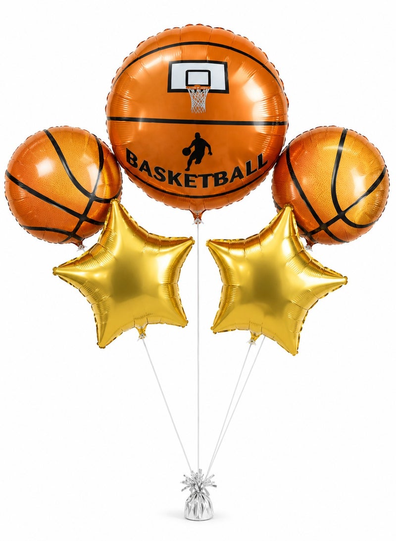 Basketball Foil Balloon Set – 5 Pcs Jumbo Basketball Hoop, Player & Gold Star Balloons for Boys Sports Birthday Party Decorations & Theme Party Supplies - Image 1