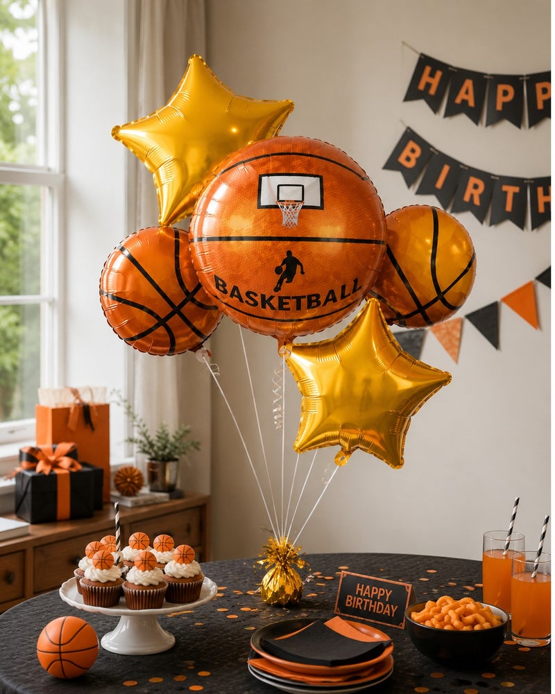 Basketball Foil Balloon Set – 5 Pcs Jumbo Basketball Hoop, Player & Gold Star Balloons for Boys Sports Birthday Party Decorations & Theme Party Supplies - Image 4