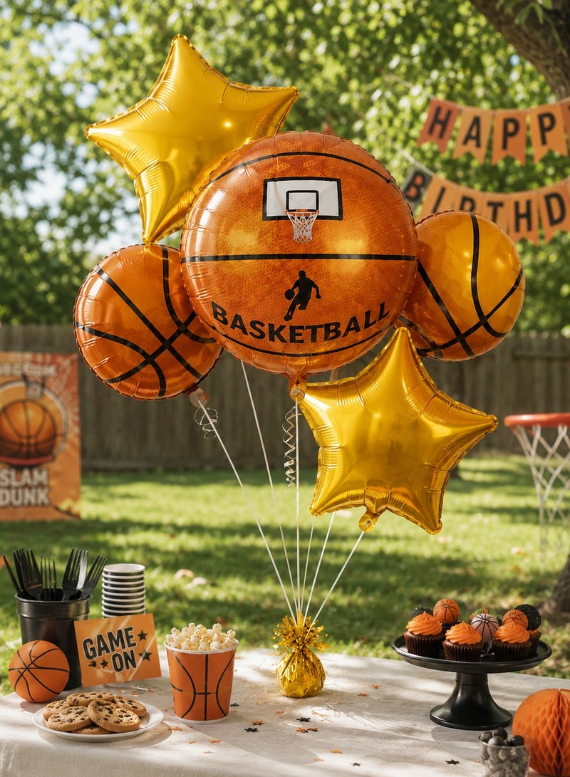 Basketball Foil Balloon Set – 5 Pcs Jumbo Basketball Hoop, Player & Gold Star Balloons for Boys Sports Birthday Party Decorations & Theme Party Supplies - Image 2